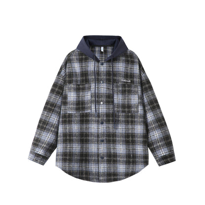 Unisex Oversized Check Shirt Jacket with Hood, Snap Buttons and Chest Pocket EVA-US
