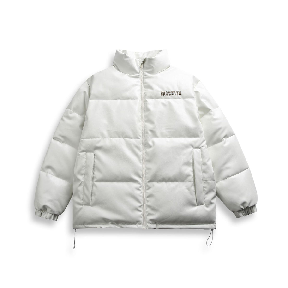Unisex short-cut matte thermal puffer jacket with minimal seam construction and drawstring hem EVA-US