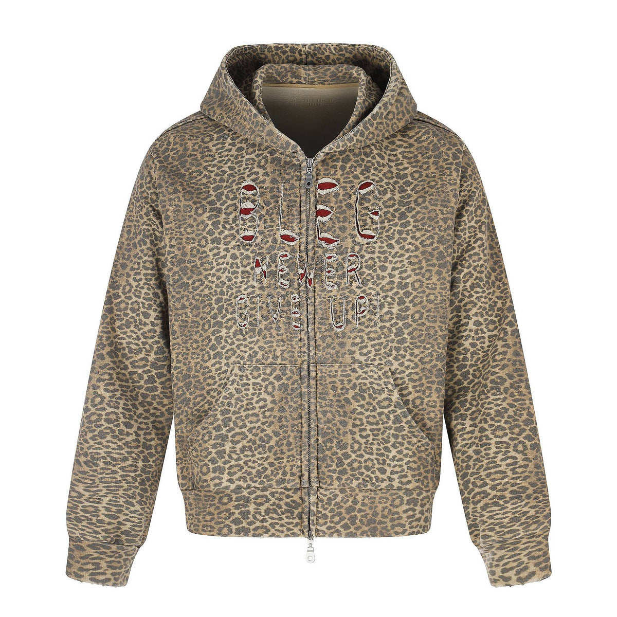 Women's hooded jacket in boxy cut with leopard print and distressed embroidery EVA-US