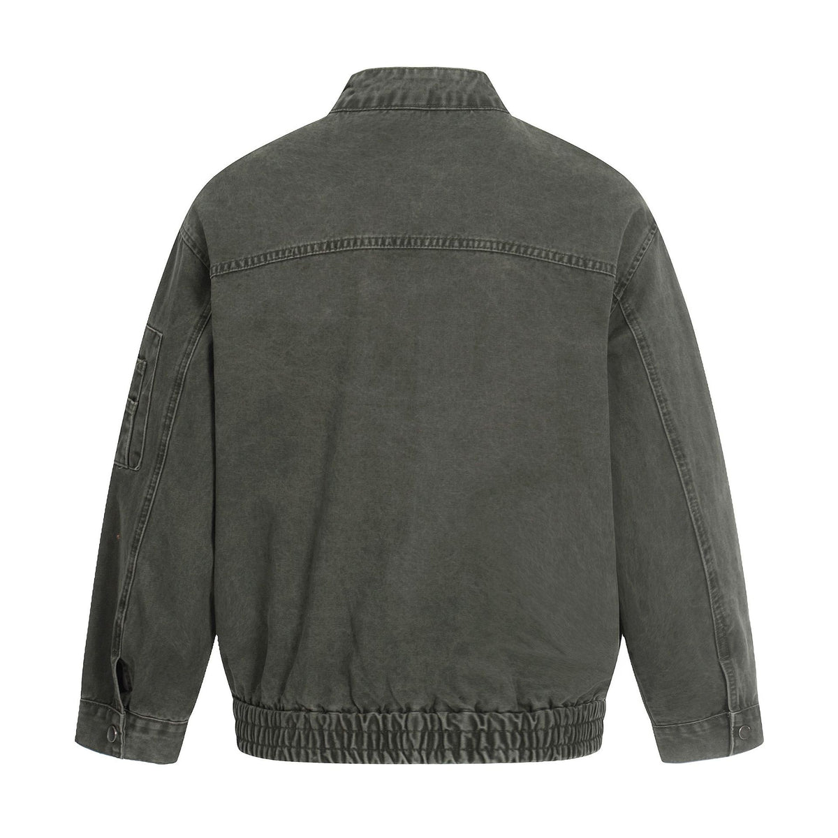 Men's short cut vintage-wash bomber jacket in boxy cut with stand-up collar and sleeve zip.