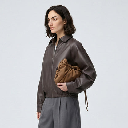 Women Boxy Cropped Faux Leather Jacket with Concealed Zipper and Elastic Hem EVA-US