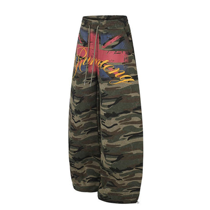 Women Extra Wide Camouflage Palazzo Pants with Drawstring Waist, Cord Drawstring and Adjustable Hem