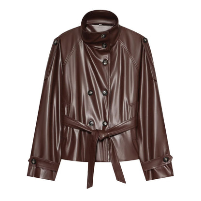 Women's Cropped Faux Leather Jacket with High Collar and Waistband EVA-US