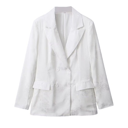 Women's Double-Breasted Satin Blazer with Floral Jacquard and Peak Lapel EVA-US