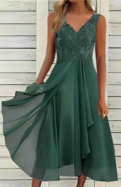 Women's elegant evening midi dress with embroidered lace bodice, tailored draping, and flowing layered skirt