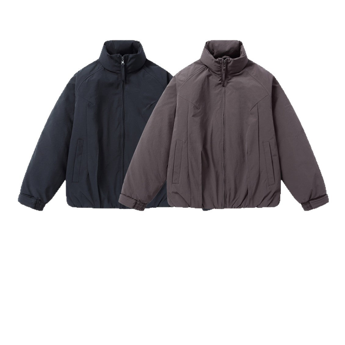 Men's short puffer jacket with protective stand-up collar, concealed zipper, and elastic hem EVA-US