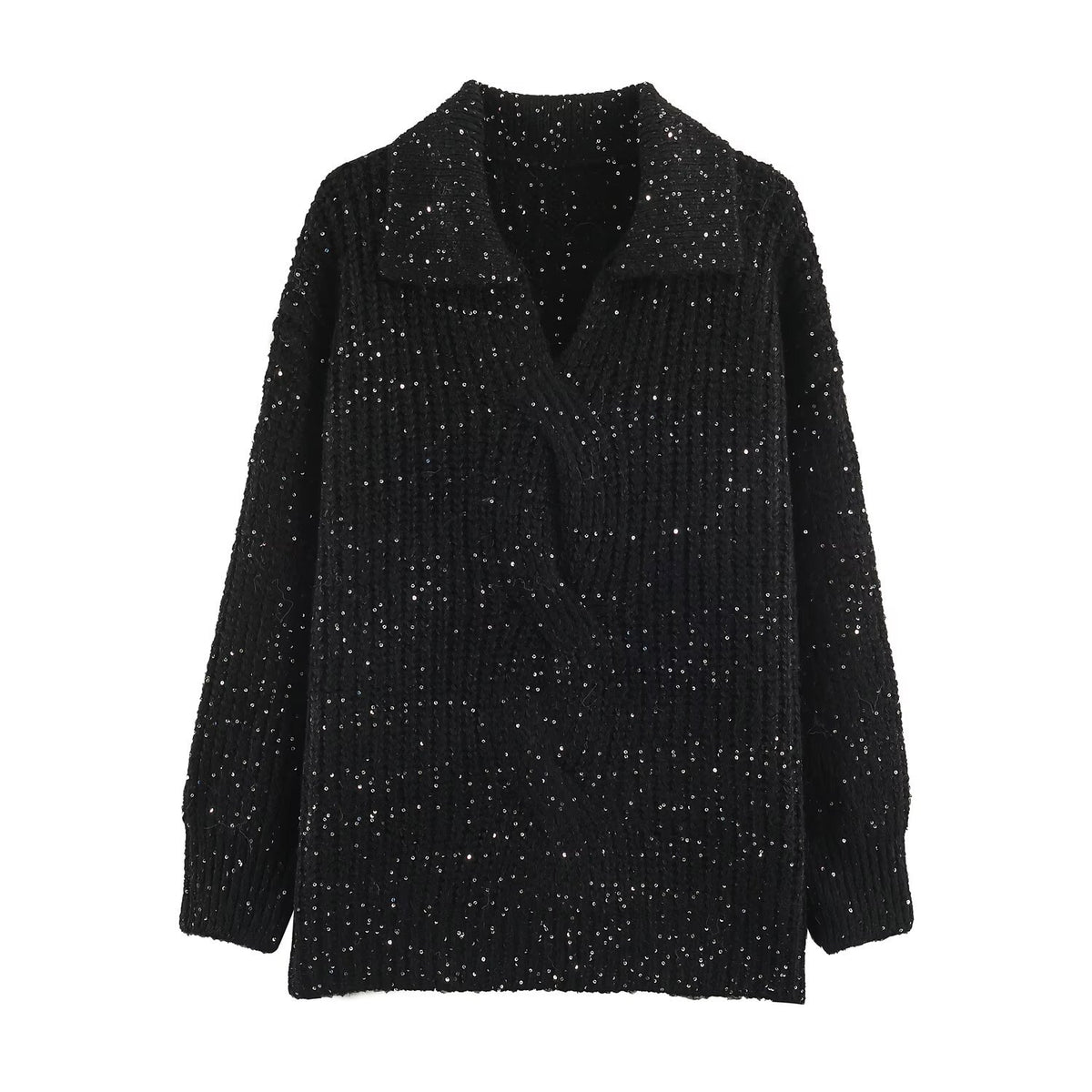 Women's Chunky Knit Sweater with Wide Lapel Collar and Sequin Trim EVA-US