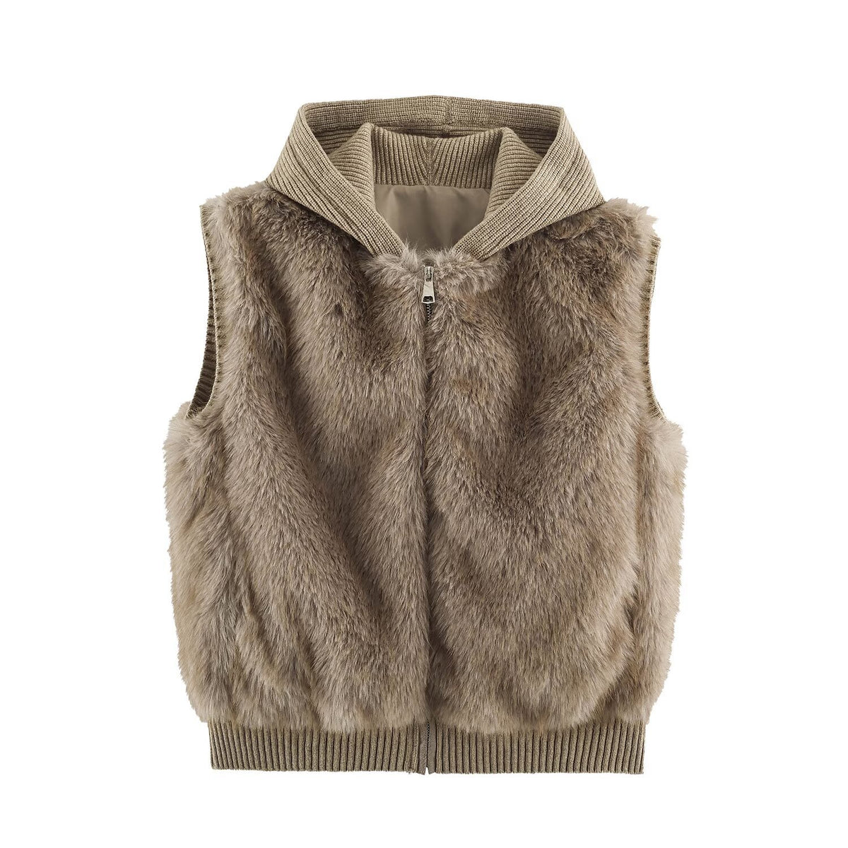 Women Faux Fur Vest with Zipper, Ribbed Collar and Elastic Cuffs EVA-US