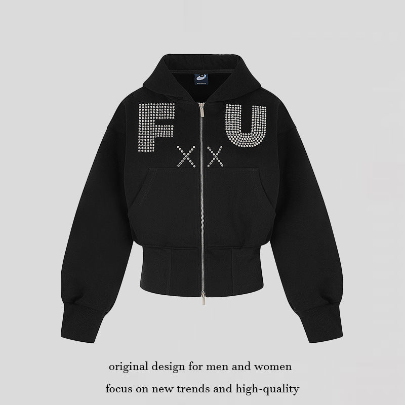 Ladies Short Hooded Sweat Jacket with Full Zip, Wide Ribbed Hem and Rhinestone Logo EVA-US