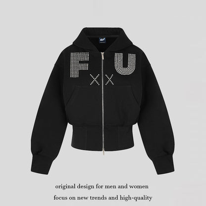 Ladies Short Hooded Sweat Jacket with Full Zip, Wide Ribbed Hem and Rhinestone Logo EVA-US