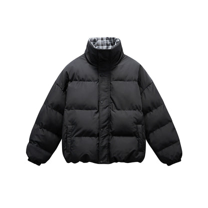 Unisex short boxy padded insulation jacket with extra high stand-up collar and checked lining EVA-US