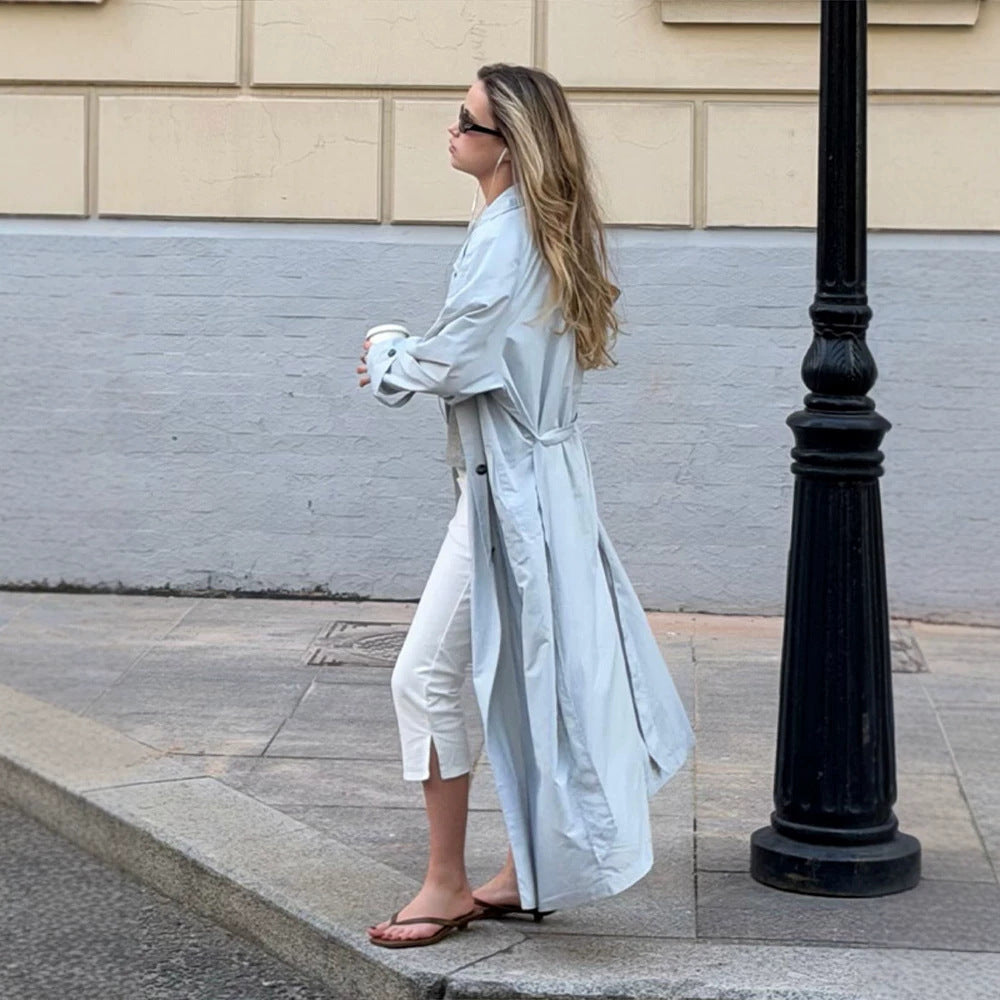 Women's Lightweight Long Trench Coat Made from Technical Material with Concealed Button Placket and Loose Fit EVA-US
