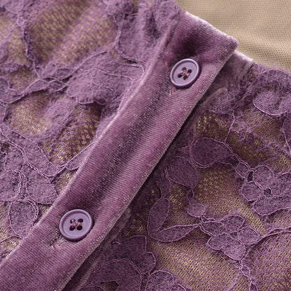 Ladies Fine Lace Cardigan with Matching Under Top and Velvet Trim EVA-US