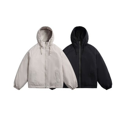 Unisex Short padded hooded jacket in boxy cut with elastic hem EVA-US