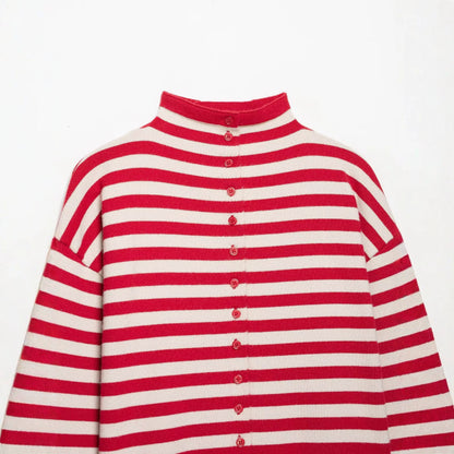 Women Striped Cropped Knitted Cardigan with Stand-up Collar EVA-US