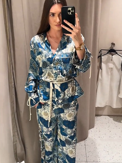 Women Two-Piece Floral Jacquard Loungewear Set with Waist Belt, Piping and Tied Sleeves EVA-US