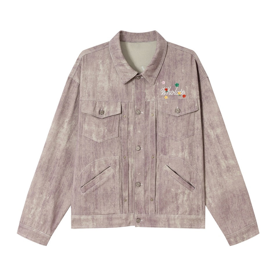 Unisex Boxy Denim Jacket with Acid Wash Effect, Flap Pockets and Floral Chest Embroidery EVA-US