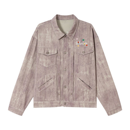Unisex Boxy Denim Jacket with Acid Wash Effect, Flap Pockets and Floral Chest Embroidery EVA-US