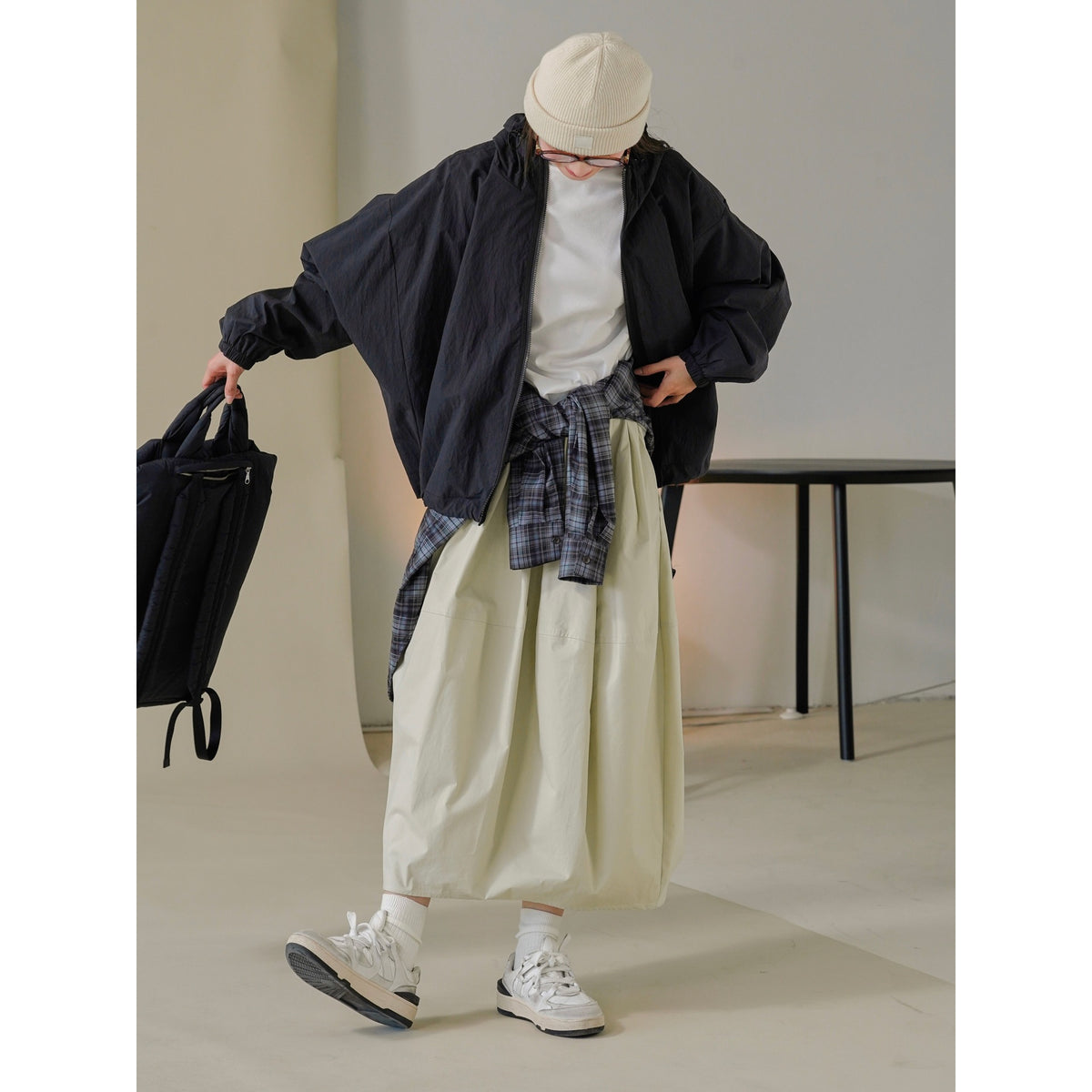 Women's Wide Flared High-Waist Midi Skirt made of Cotton Twill with Elastic Waistband EVA-US