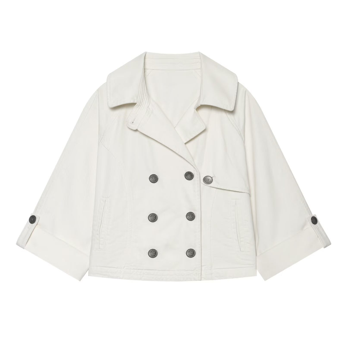 Women's Short Double-Breasted Cape Trench Coat with Dropped Shoulders and Adjustable Sleeve Straps EVA-US