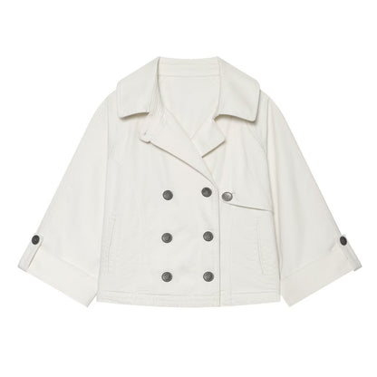 Women's Short Double-Breasted Cape Trench Coat with Dropped Shoulders and Adjustable Sleeve Straps EVA-US