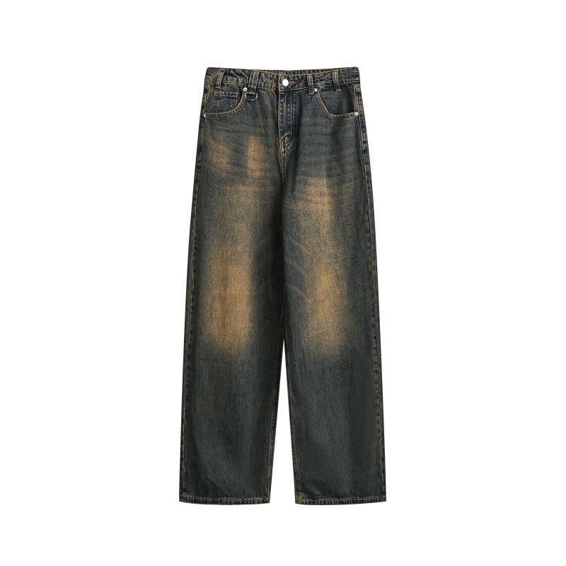 Women's loose high-waist relaxed jeans with vintage fading and straight leg EVA-US