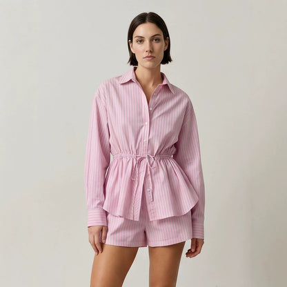 Women Striped Loungewear Set made of Lightweight Cotton with Drawstring Waist & Shorts EVA-US