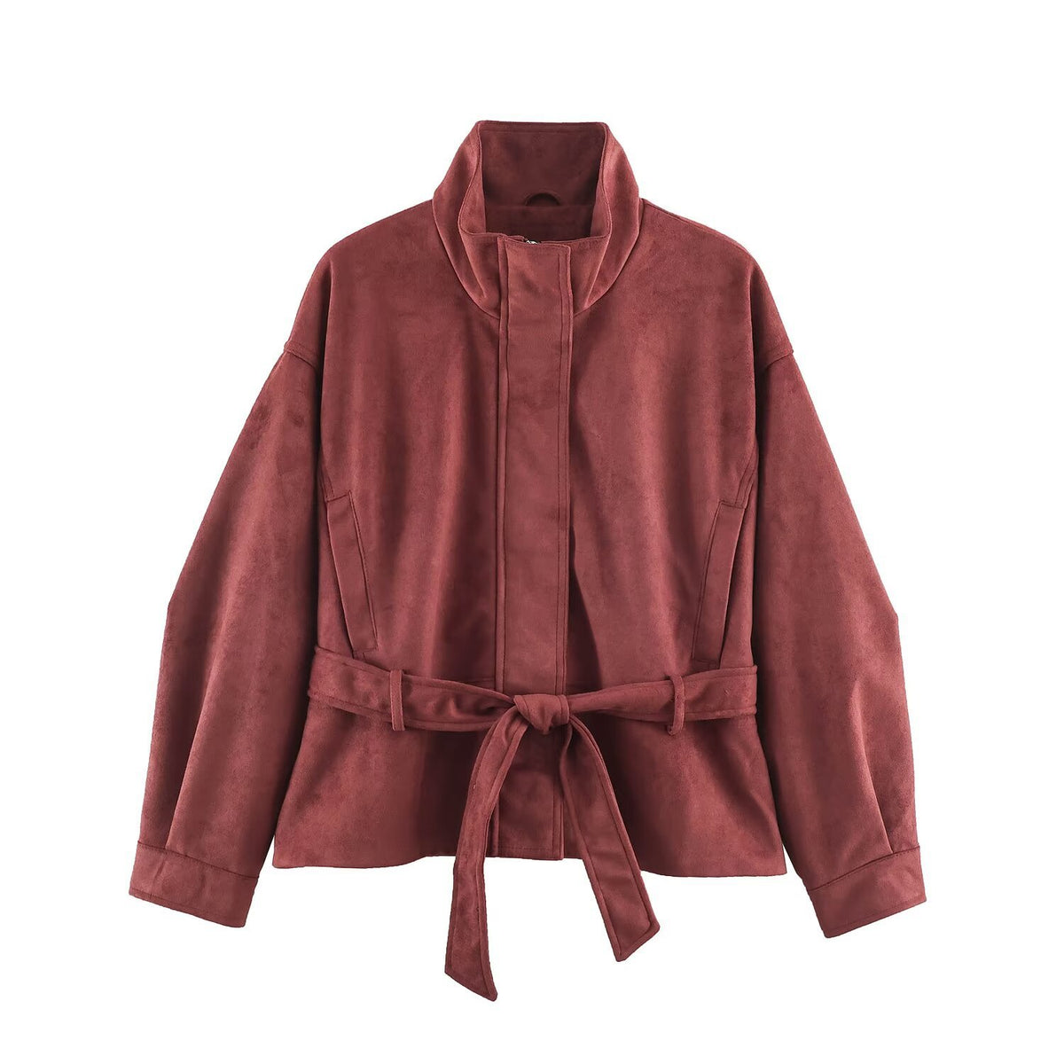 Women's short jacket in velvet look with high funnel collar, concealed closure and waist tie belt EVA-US