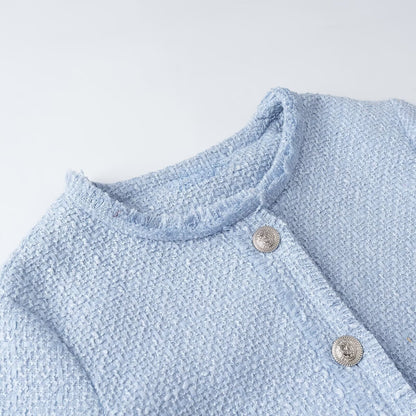 Women's Cropped Boucle Jacket with Round Neckline, Fringed Trim and Patch Pockets EVA-US