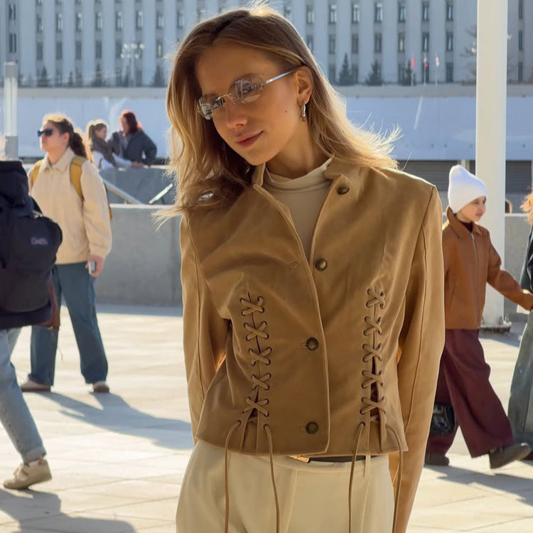 Women's short jacket made of suede-look with side lacing & stand-up collar EVA-US
