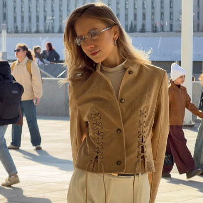 Women's short jacket made of suede-look with side lacing & stand-up collar EVA-US
