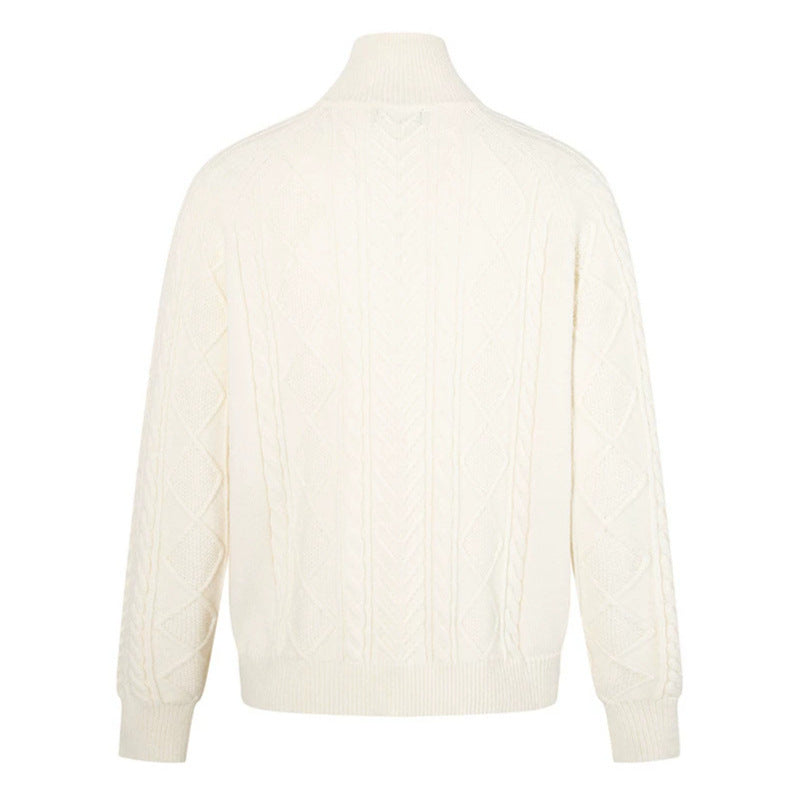 Women's Cable Knit Pullover with Short Zipper and Stand-Up Collar EVA-US