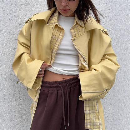 Women's Oversized Biker Jacket made of vegan leather imitation with large lapels and waist belt EVA-US