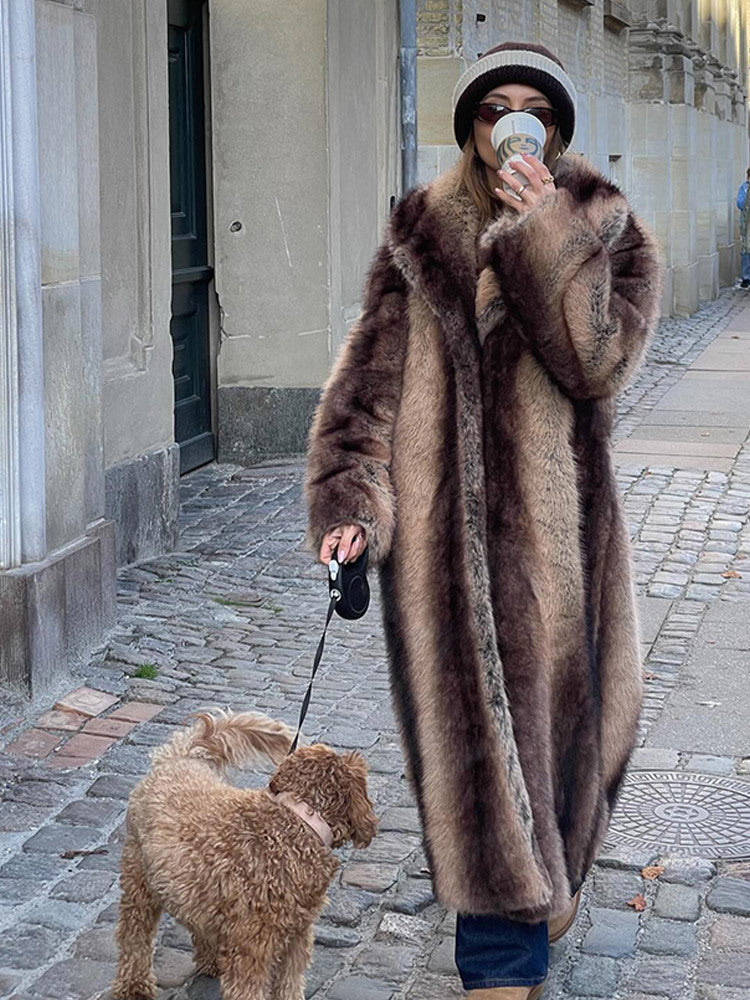 Women Maxilength Oversize Faux Fur Coat with Vintage Cut and Wide Lapel Collar EVA-US