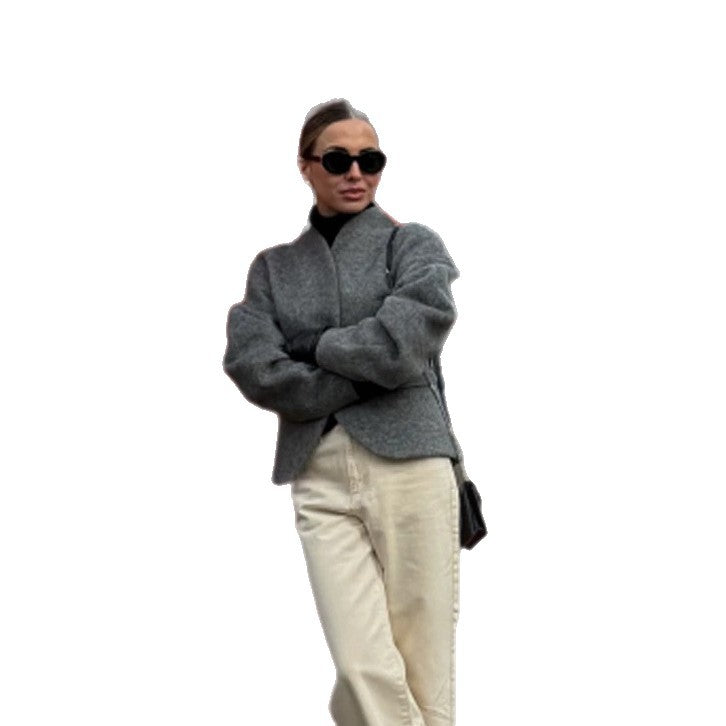 Women's Short Wool Jacket with Balloon Sleeves and Boxy Silhouette EVA-US