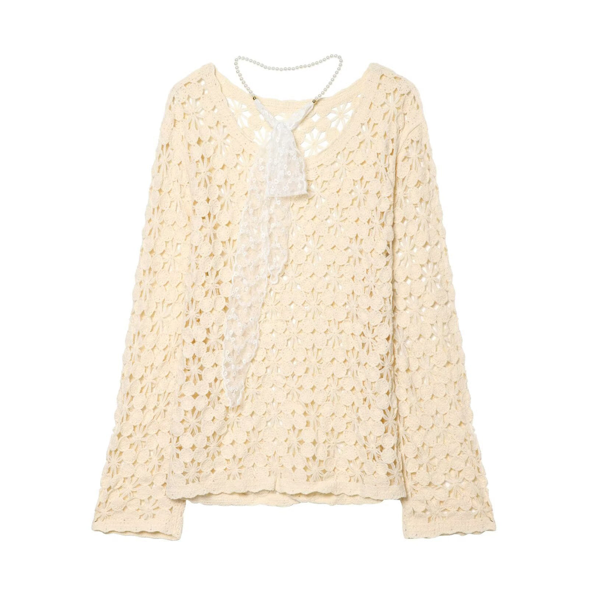 Women's crochet pullover with floral lace look, scallop hem, and delicate ribbon EVA-US