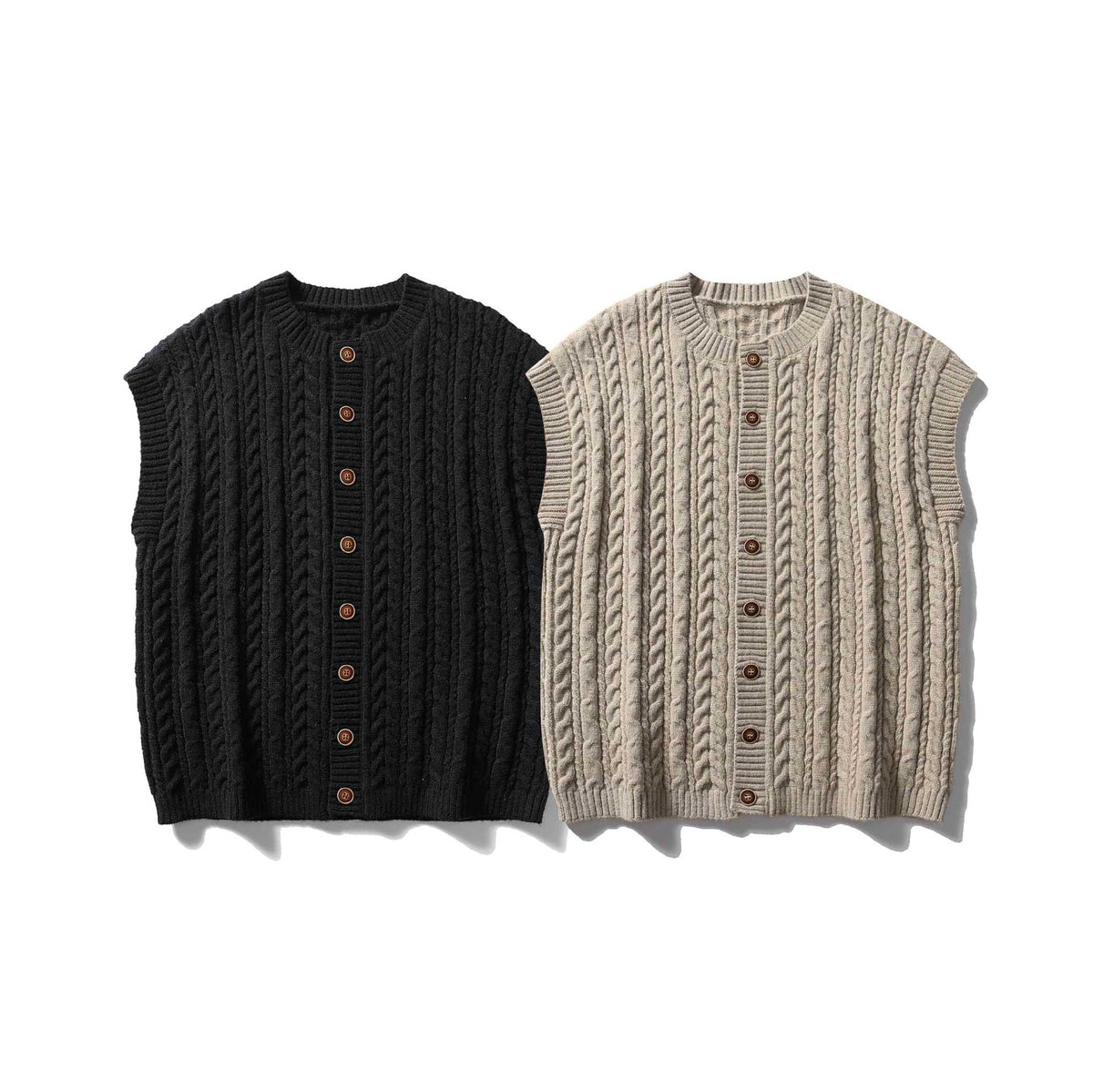 Women's Sleeveless Cable Knit Vest with Wooden Buttons and Ribbed Hem EVA-US