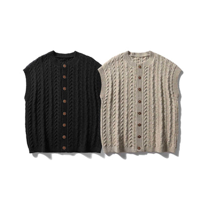 Women's Sleeveless Cable Knit Vest with Wooden Buttons and Ribbed Hem EVA-US