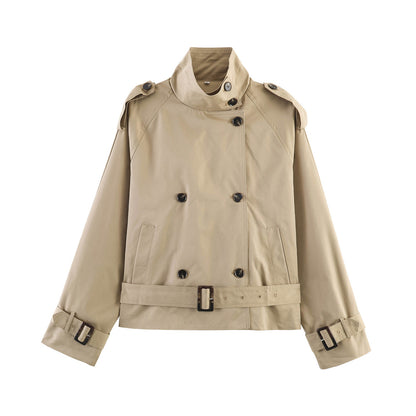 Women's Short Double-Breasted Waist Belt Trench Coat with High Funnel Collar and Shoulder Straps EVA-US