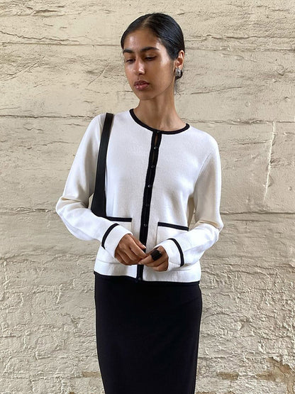 Ladies Fine Contrast Button Placket Cardigan with Piping and Patch Pockets EVA-US