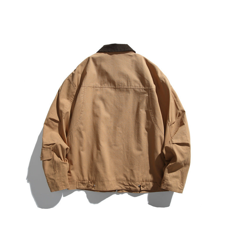 Men's Boxy Workwear Blouson Jacket with Contrast Collar and Multiple Pockets EVA-US