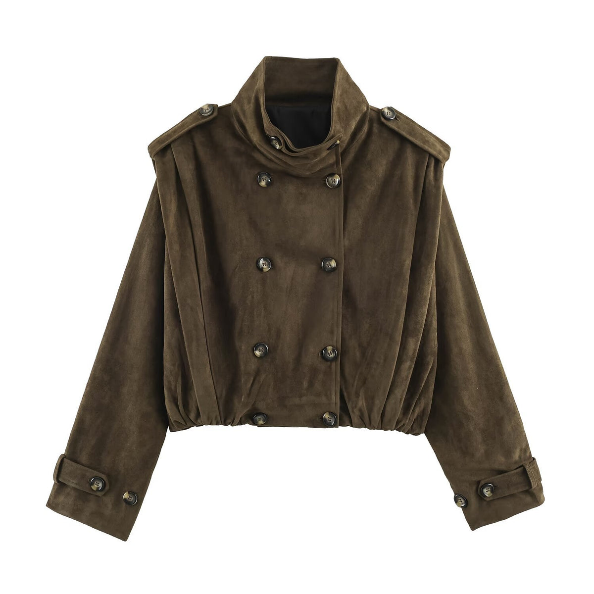 Women's Short-Cut Double-Breasted Suede-Look Bomber with Stand-Up Collar and Shoulder Patches EVA-US
