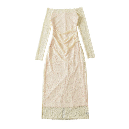 Women's Off-Shoulder Lace Dress with Waist Gather and Long Sleeve