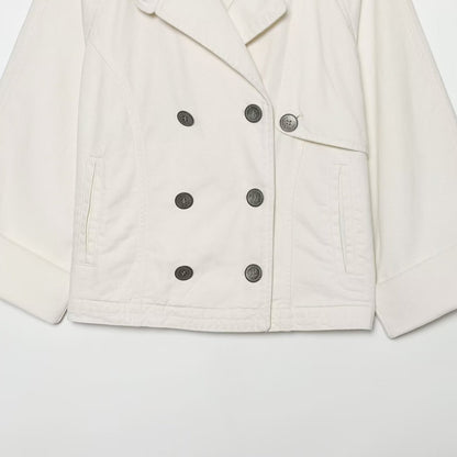 Women's Short Double-Breasted Cape Trench Coat with Dropped Shoulders and Adjustable Sleeve Straps EVA-US