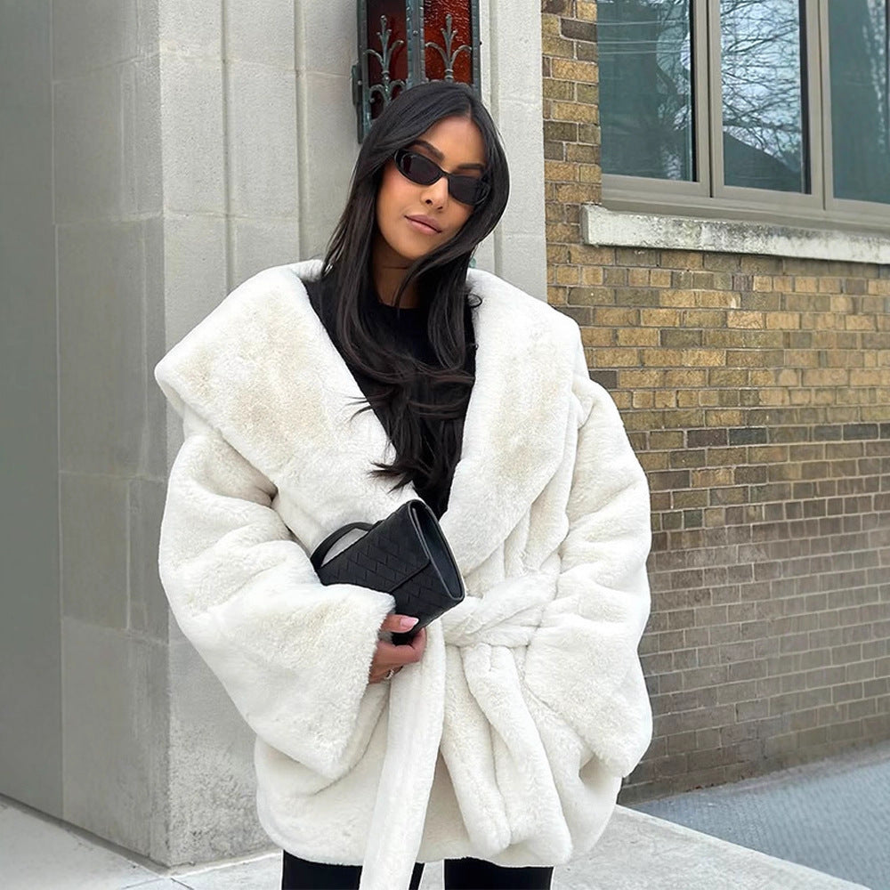 Women's Oversize Teddy Coat with Extra Large Shawl Collar and Wrap Belt EVA-US
