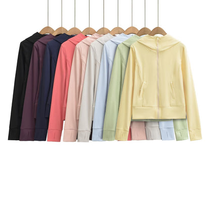 Women's Hooded Sports Jacket with Full Zip, Tailored Fit, and Integrated Zipper Pockets EVA-US