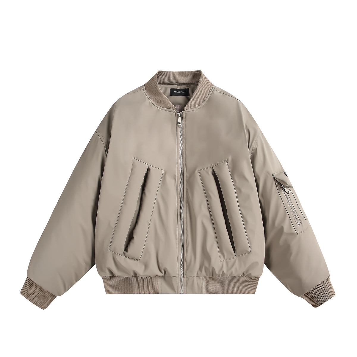 Unisex Short Cut Oversized Puffer Jacket with Utility Arm Pocket and Ribbed Cuffs EVA-US