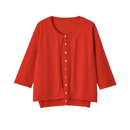 Women's Light Three-Quarter Sleeve Button Cardigan with Round Neck and Extended Ribbed Cuff EVA-US