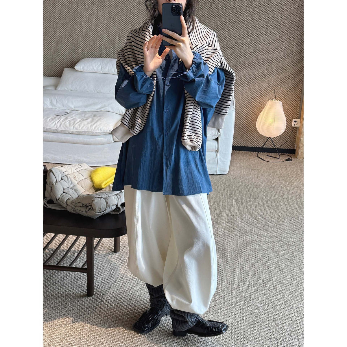 Women Oversized Shirt Blouse with Crinkle Look and Elastic Sleeve Cuffs EVA-US