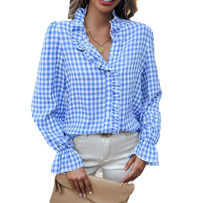 Women Checked Blouse with Ruffle Details and Button Placket EVA-US